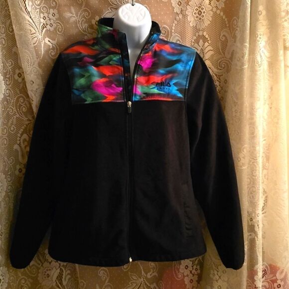 Fila Sport Women's Size‎ S Black  Zip Up Fleece Jacket Rainbow Yoke Pockets - Picture 1 of 11